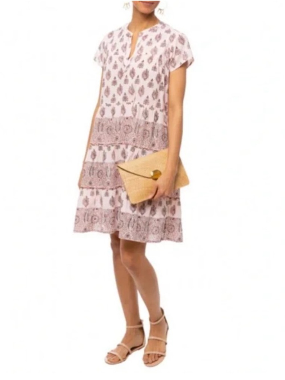ROLLER RABBIT august pamela block print tiered cotton swing dress rose  size XS